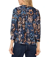 Liverpool Los Angeles Print Woven Sateen V-Neck 3/4 Sleeve Blouse