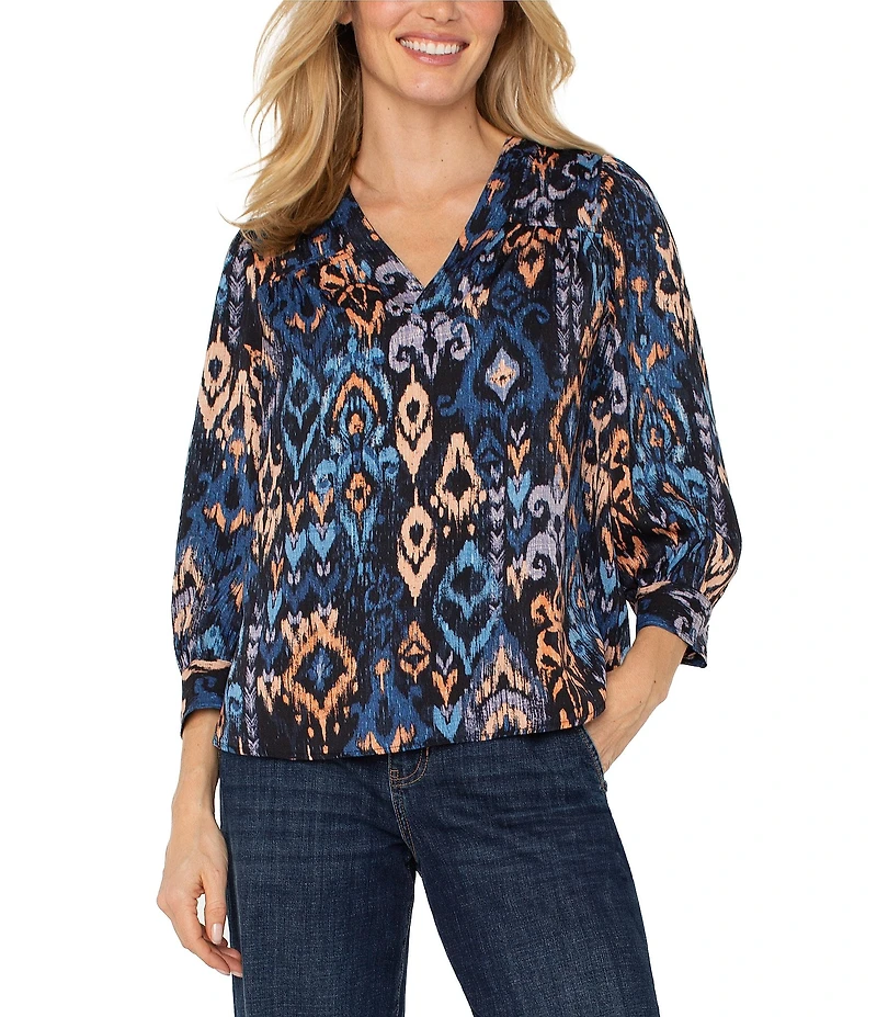 Liverpool Los Angeles Print Woven Sateen V-Neck 3/4 Sleeve Blouse