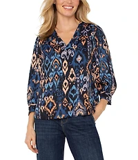 Liverpool Los Angeles Print Woven Sateen V-Neck 3/4 Sleeve Blouse