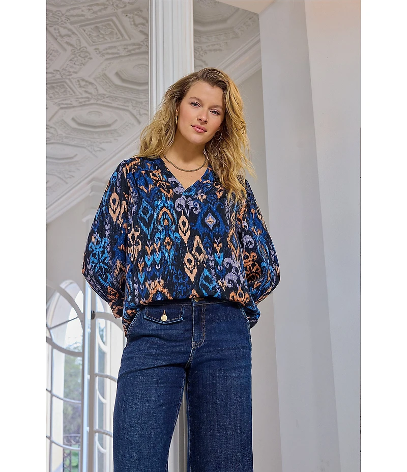 Liverpool Los Angeles Print Woven Sateen V-Neck 3/4 Sleeve Blouse