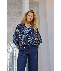Liverpool Los Angeles Print Woven Sateen V-Neck 3/4 Sleeve Blouse