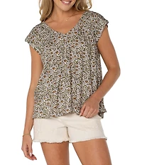 Liverpool Los Angeles Leaf Printed V-Neck Short Sleeve Top