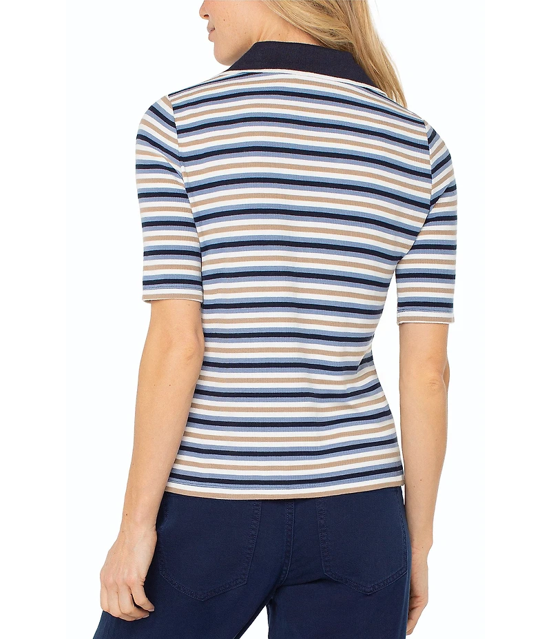 Liverpool Los Angeles Ribbed Knit Henley Striped Short Sleeve Top
