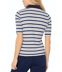 Liverpool Los Angeles Ribbed Knit Henley Striped Short Sleeve Top