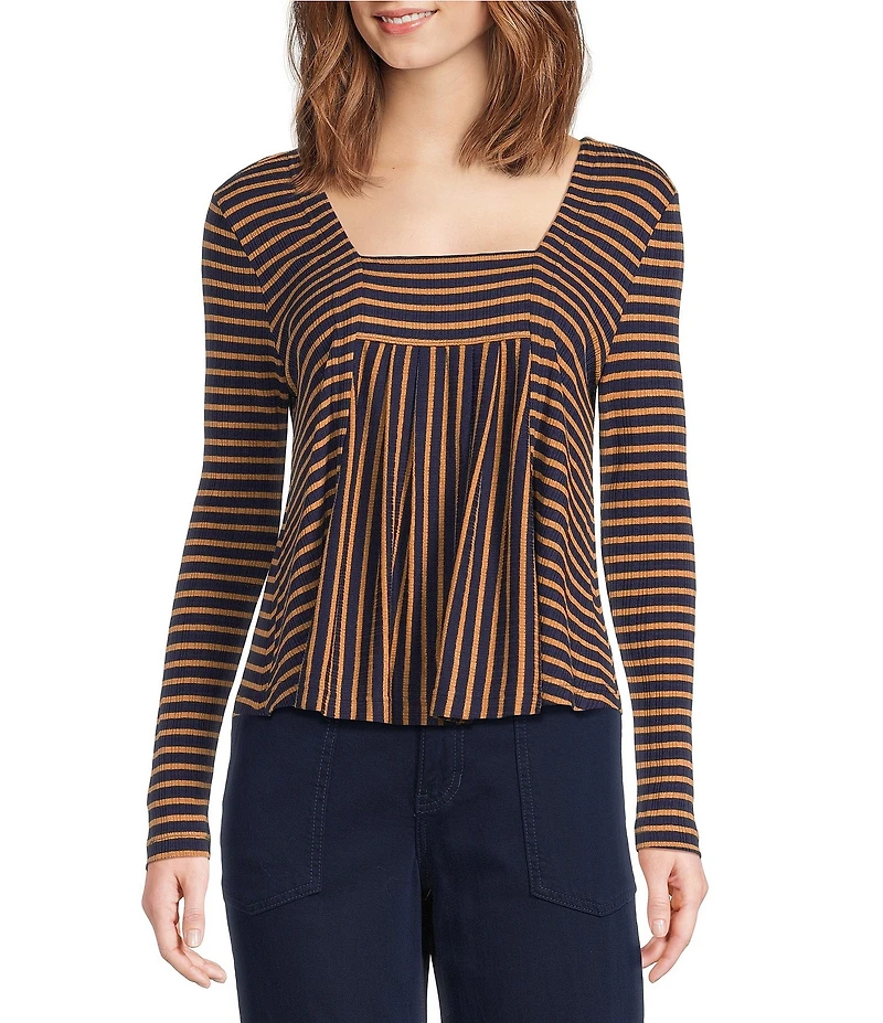 Liverpool Los Angeles Ribbed Knit Stripe Square Neck Long Sleeve Top