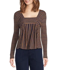 Liverpool Los Angeles Ribbed Knit Stripe Square Neck Long Sleeve Top