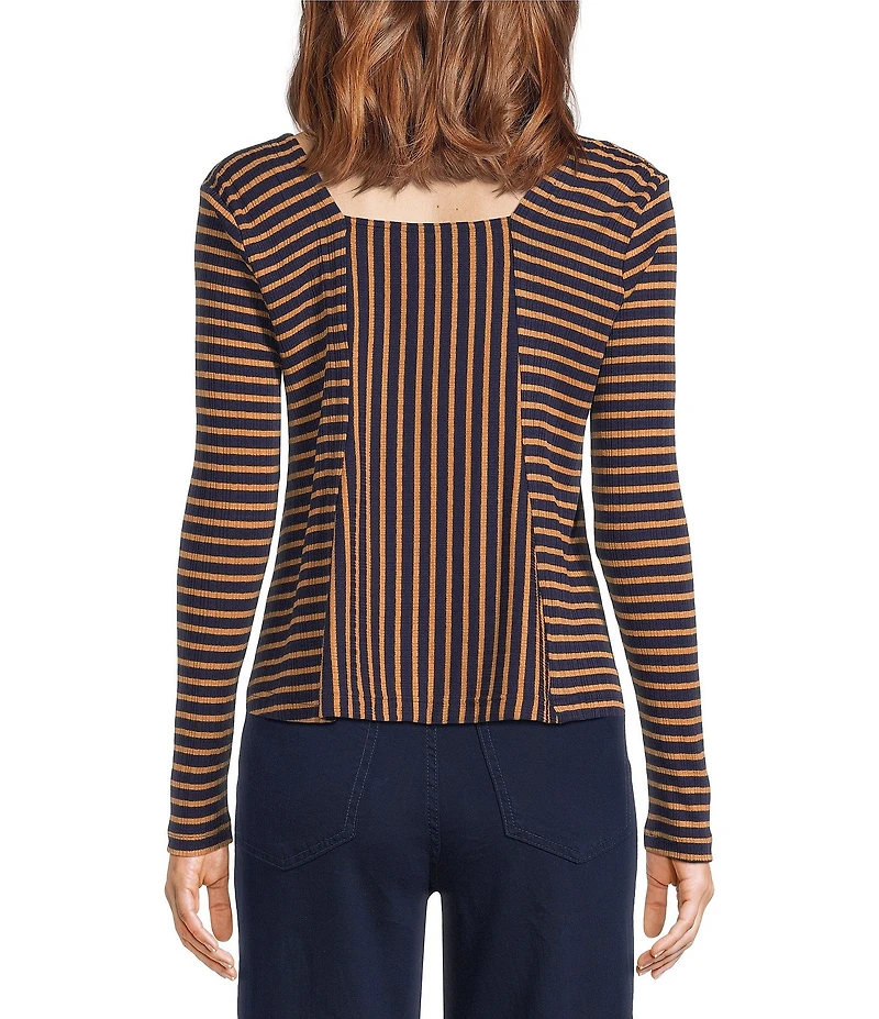 Liverpool Los Angeles Ribbed Knit Stripe Square Neck Long Sleeve Top