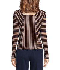 Liverpool Los Angeles Ribbed Knit Stripe Square Neck Long Sleeve Top