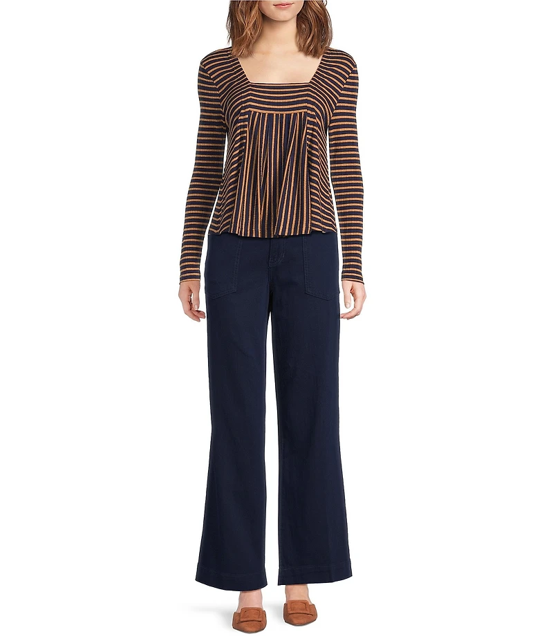 Liverpool Los Angeles Ribbed Knit Stripe Square Neck Long Sleeve Top
