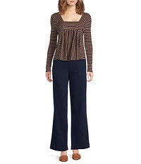 Liverpool Los Angeles Ribbed Knit Stripe Square Neck Long Sleeve Top
