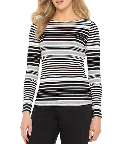 Liverpool Los Angeles Ribbed Knit Striped Boat Neck Long Sleeve Top
