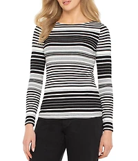 Liverpool Los Angeles Ribbed Knit Striped Boat Neck Long Sleeve Top