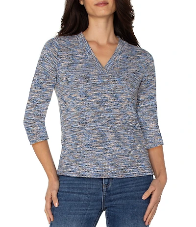 Liverpool Los Angeles Ribbed Knit V-Neck 3/4 Sleeves Tee