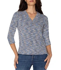 Liverpool Los Angeles Ribbed Knit V-Neck 3/4 Sleeves Tee