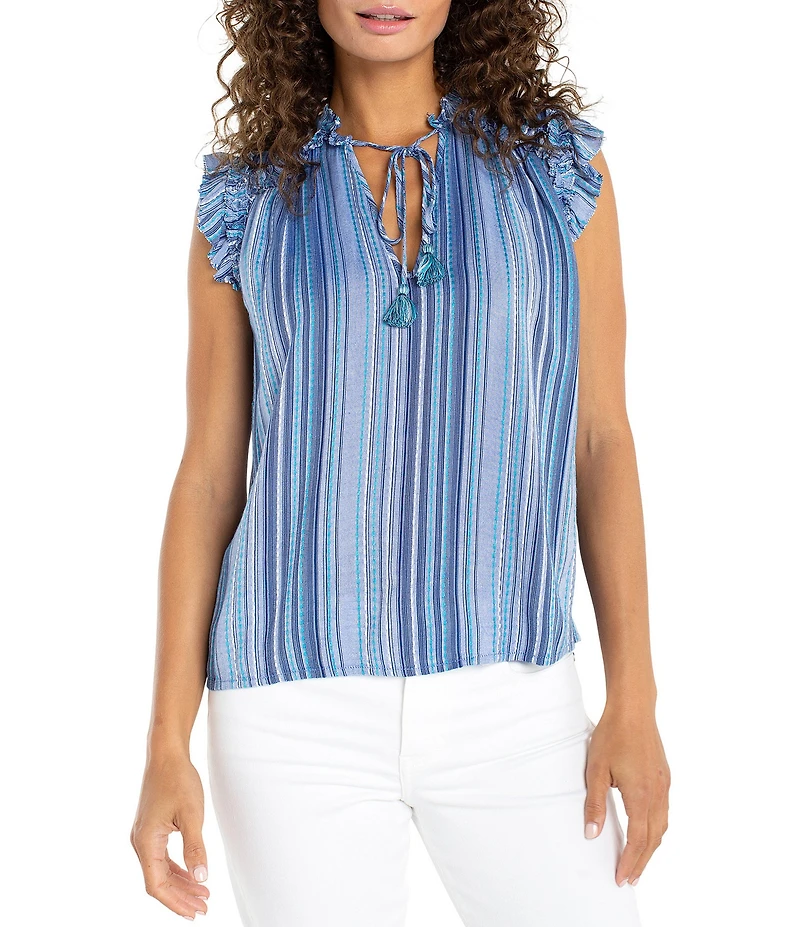 Liverpool Los Angeles Ruffled Woven Multi Stripe V-Neck Sleeveless Top