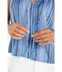 Liverpool Los Angeles Ruffled Woven Multi Stripe V-Neck Sleeveless Top