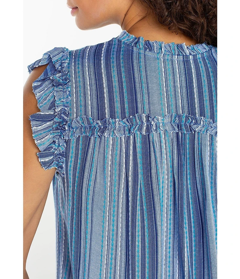 Liverpool Los Angeles Ruffled Woven Multi Stripe V-Neck Sleeveless Top
