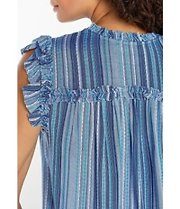 Liverpool Los Angeles Ruffled Woven Multi Stripe V-Neck Sleeveless Top
