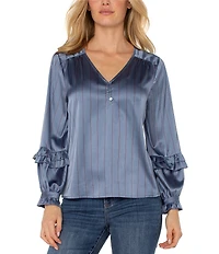 Liverpool Los Angeles Satin Striped V-Neck Long Sleeve Blouse