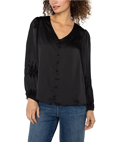 Liverpool Los Angeles Satin V-Neck Long Sleeve Pleated Shirt