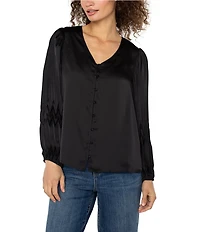 Liverpool Los Angeles Satin V-Neck Long Sleeve Pleated Shirt