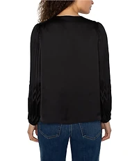 Liverpool Los Angeles Satin V-Neck Long Sleeve Pleated Shirt