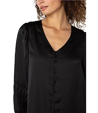 Liverpool Los Angeles Satin V-Neck Long Sleeve Pleated Shirt
