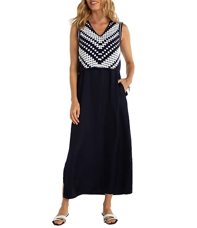 Liverpool Los Angeles Satin Woven V-Neck Sleeveless Embroidered Maxi Dress