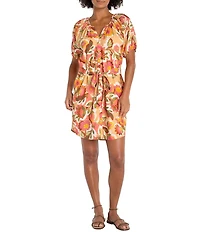 Liverpool Los Angeles Shirred Floral Print V-Neck Short Sleeve Dress