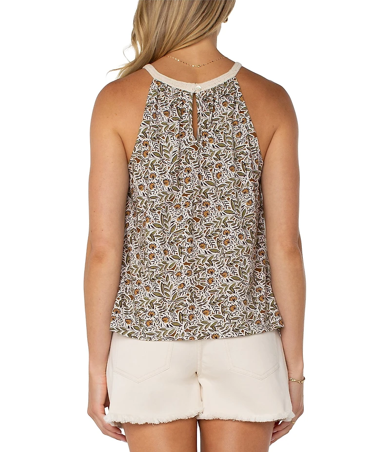 Liverpool Los Angeles Slub Jersey Knit Printed Sleeveless Crochet Halter Top