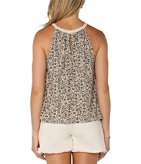 Liverpool Los Angeles Slub Jersey Knit Printed Sleeveless Crochet Halter Top
