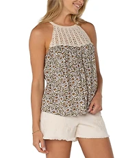 Liverpool Los Angeles Slub Jersey Knit Printed Sleeveless Crochet Halter Top