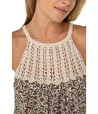 Liverpool Los Angeles Slub Jersey Knit Printed Sleeveless Crochet Halter Top