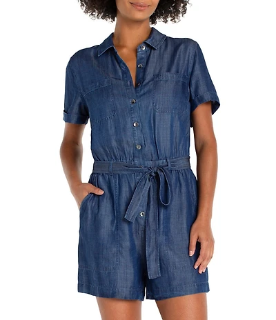 Liverpool Los Angeles Stretch Denim Point Collar Short Sleeve Romper
