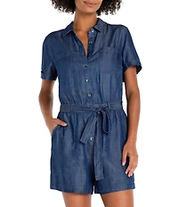 Liverpool Los Angeles Stretch Denim Point Collar Short Sleeve Romper
