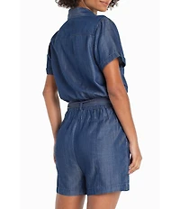 Liverpool Los Angeles Stretch Denim Point Collar Short Sleeve Romper