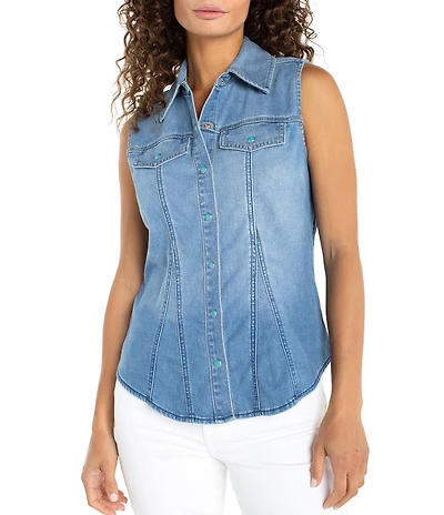 Liverpool Los Angeles Stretch Denim Point Collar Sleeveless Shirt