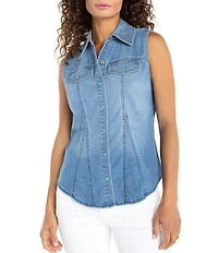 Liverpool Los Angeles Stretch Denim Point Collar Sleeveless Shirt