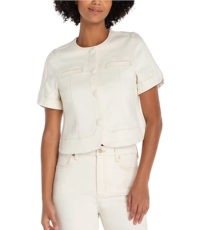 Liverpool Los Angeles Stretch Denim Round Collar Short Sleeve Cropped Coordinating Jacket