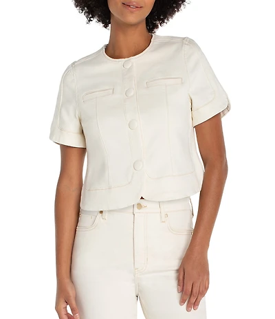 Liverpool Los Angeles Stretch Denim Round Collar Short Sleeve Cropped Coordinating Jacket