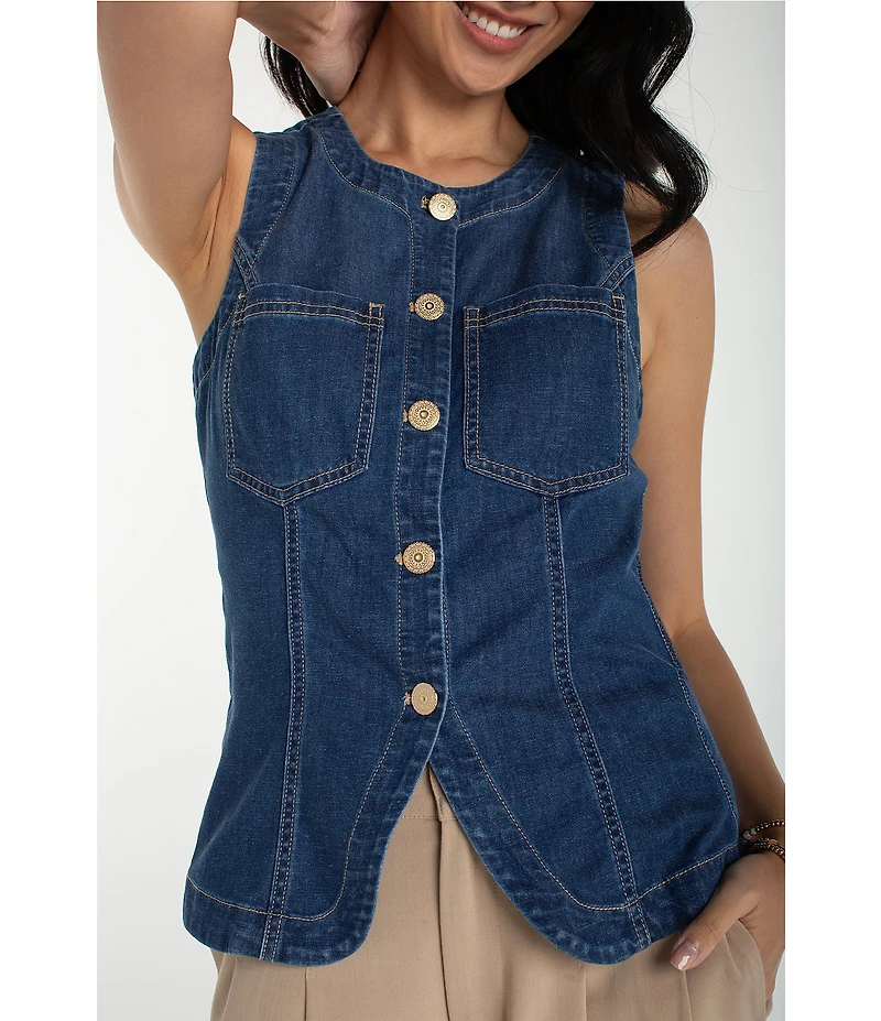 Liverpool Los Angeles Stretch Denim Round Neck Sleeveless Vest