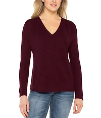 Liverpool Los Angeles Stretch Knit Shirring V-Neck Long Sleeve Top
