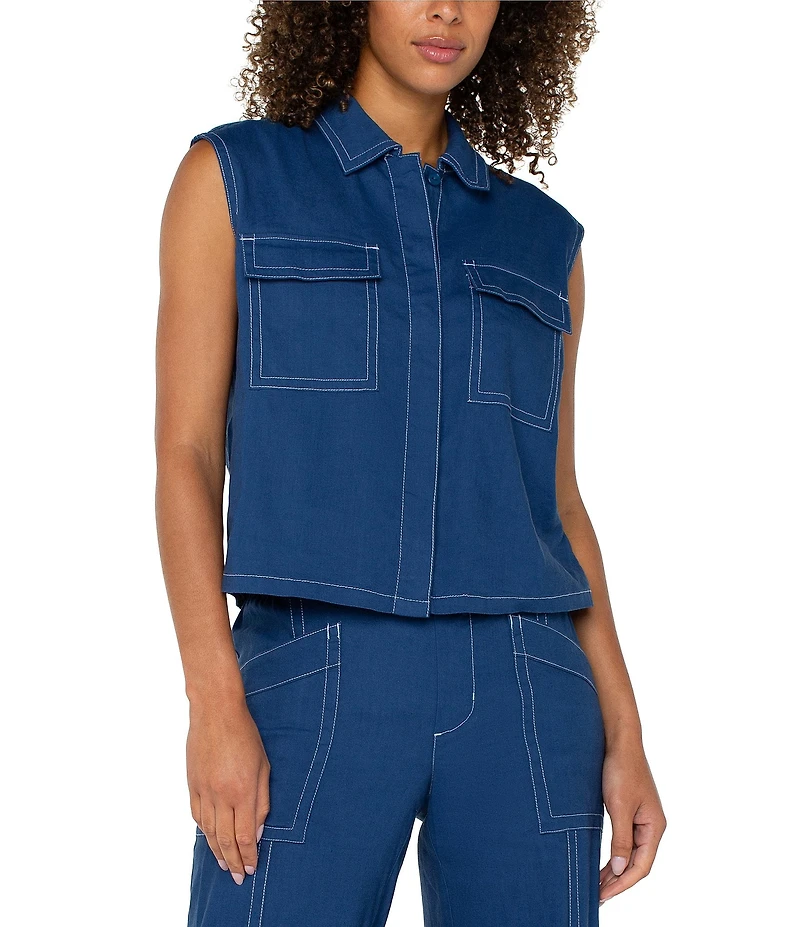 Liverpool Los Angeles Stretch Linen Blend Point Collar Sleeveless Cargo Shirt