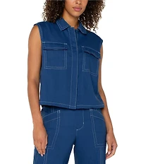 Liverpool Los Angeles Stretch Linen Blend Point Collar Sleeveless Cargo Shirt