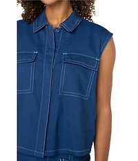 Liverpool Los Angeles Stretch Linen Blend Point Collar Sleeveless Cargo Shirt