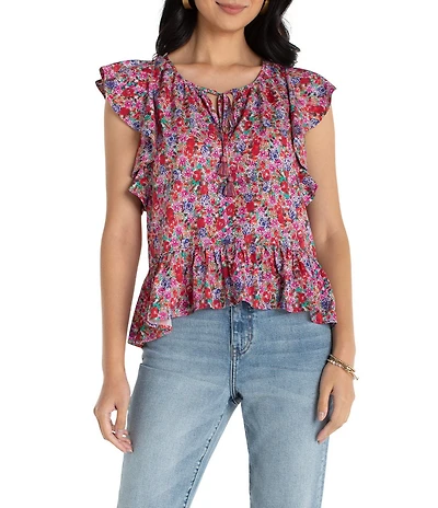 Liverpool Los Angeles Stretch Woven Print V-Neck Tassel Tie Flutter Sleeve Top