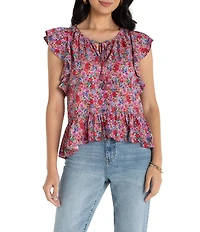 Liverpool Los Angeles Stretch Woven Print V-Neck Tassel Tie Flutter Sleeve Top