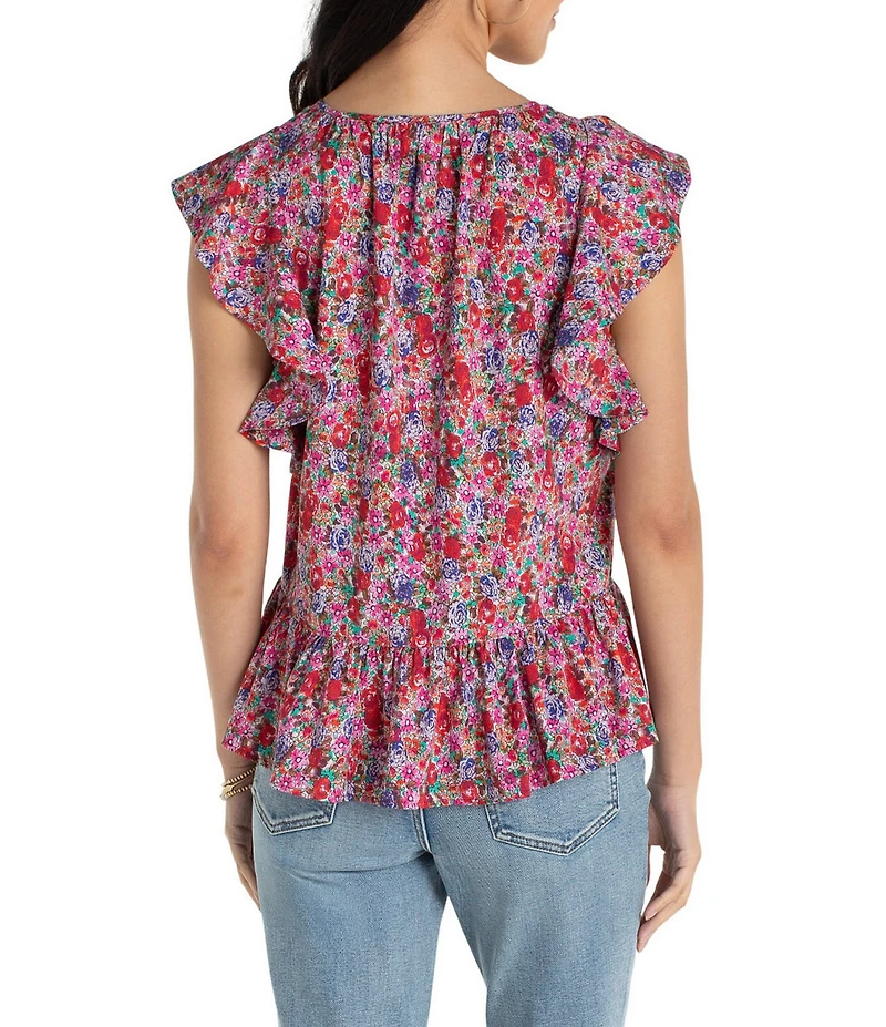 Liverpool Los Angeles Stretch Woven Print V-Neck Tassel Tie Flutter Sleeve Top