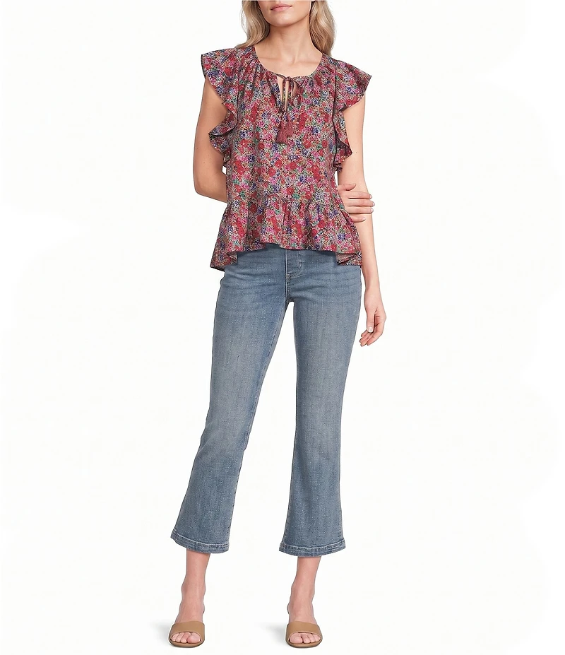 Liverpool Los Angeles Stretch Woven Print V-Neck Tassel Tie Flutter Sleeve Top