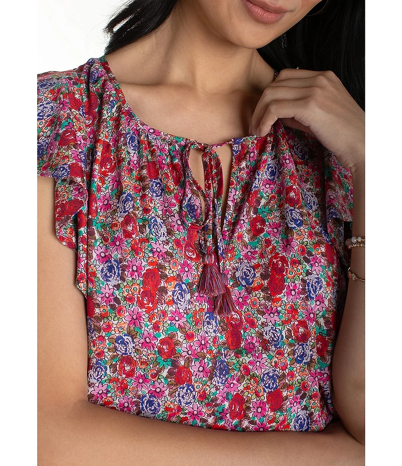 Liverpool Los Angeles Stretch Woven Print V-Neck Tassel Tie Flutter Sleeve Top